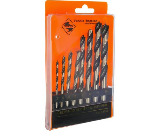 Набор сверл по дереву 8 шт.(D 3; 4; 5; 6; 7; 8; 9; 10 мм) Энкор 19132 