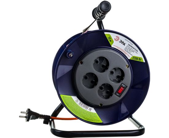 Удлинитель ЭРА, силовой, RPx4s2x1.020m, на пластиковой катушке, б/з, 4 гн, 20м, ПВС 2х1, Б0043050 