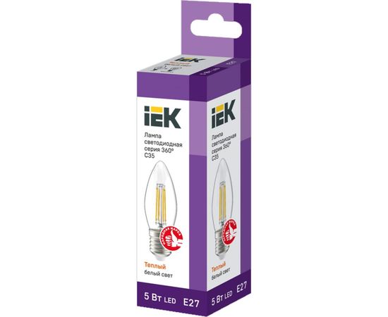 Лампа IEK серия 360, LED, C35, свеча, прозрачная, 5вт, 230В, 3000К, E27 LLF-C35-5-230-30-E27-CL – изображение 2