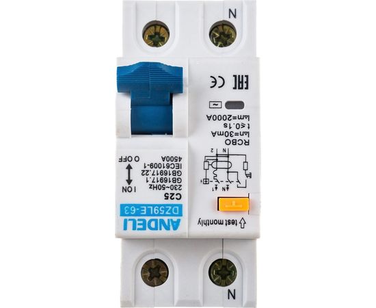 Дифференциальный автомат ANDELI DZ59LE-40 1P+N 25A 30mA х-ка С 4.5kA ADL02-054 – изображение 2