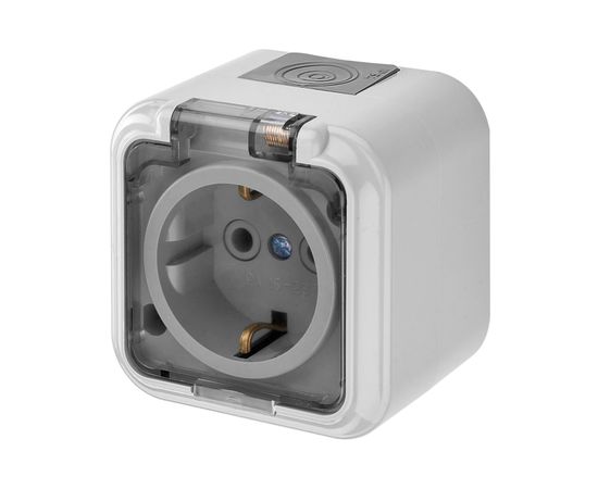 Розетка Bylectrica 1-местная ОУ с заз.конт. IP54, с прозрачной крышкой, серия ПРАЛЕСКА АКВА, серый РА16-297 (02) 