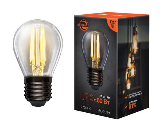 Филаментная диммируемая лампа REXANT Шарик GL45 7.5 Вт 2700K E27 604-127 