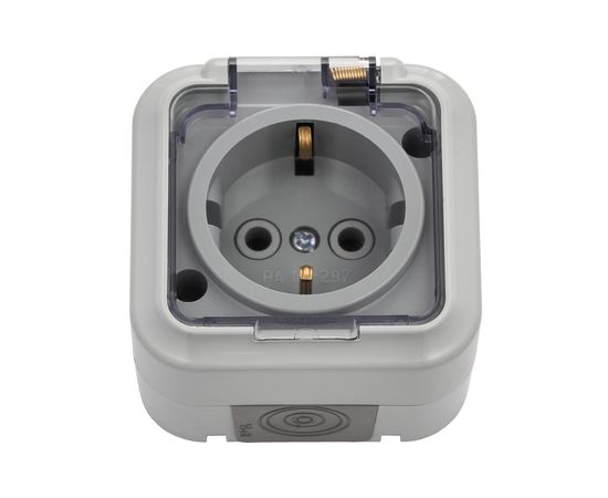 Розетка Bylectrica 1-местная ОУ с заз.конт. IP54, с прозрачной крышкой, серия ПРАЛЕСКА АКВА, серый РА16-297 (02) – изображение 2