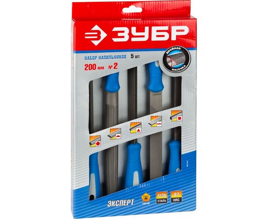 Набор напильников с двухкомпонентной ручкой: плоский, полукруглый, трехгранный, квадратный, круглый, №2, 250мм ЗУБР ЭКСПЕРТ 16651-25-H5 – изображение 3