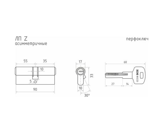 Цилиндровый механизм НОРА-М ЕСО Z ЛП-90 55-35 хром Х 16403 – изображение 3