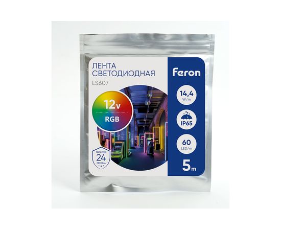 Cветодиодная LED лента 60SMD(5050)/м, 14.4Вт/м, 5м, IP65, 12V, RGB Feron LS607 27651 – изображение 4