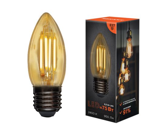 Филаментная лампа REXANT Свеча CN35 9.5 Вт 2400K E27 золотистая колба 604-100 