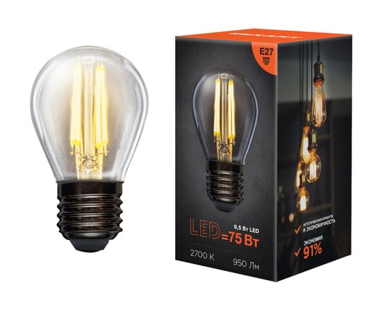 Филаментная лампа REXANT Шарик GL45 9.5 Вт 2700K E27 604-131 