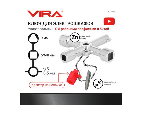 Ключ для электрошкафов VIRA с 5 рабочими профилями и битой 514005 – изображение 2