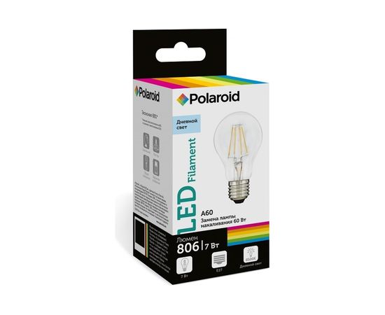 Светодиодная лампа Polaroid 220V FIL A60 7W 6500K E27 806lm PL-A60F7276 