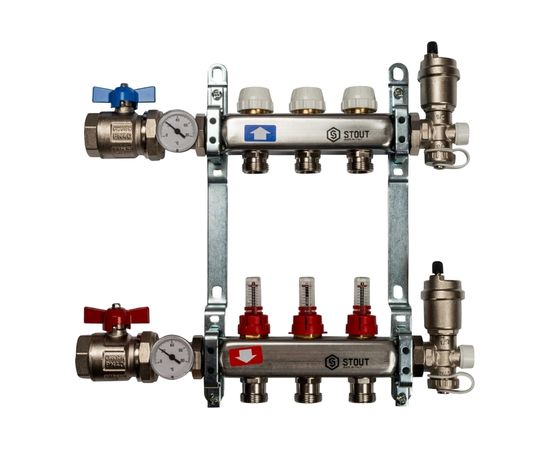 Коллектор из нержавеющей стали в сборе с расходомерами STOUT 3 выхода SMS 0907 000003 