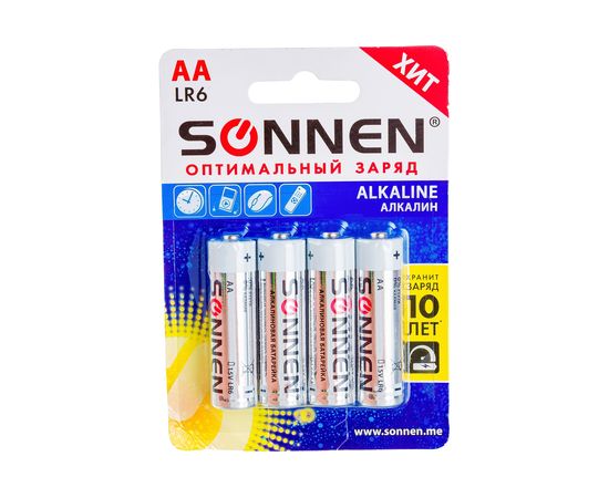 Батарейки SONNEN Alkaline, АА алкалиновые, 4 шт., в блистере, 451085 
