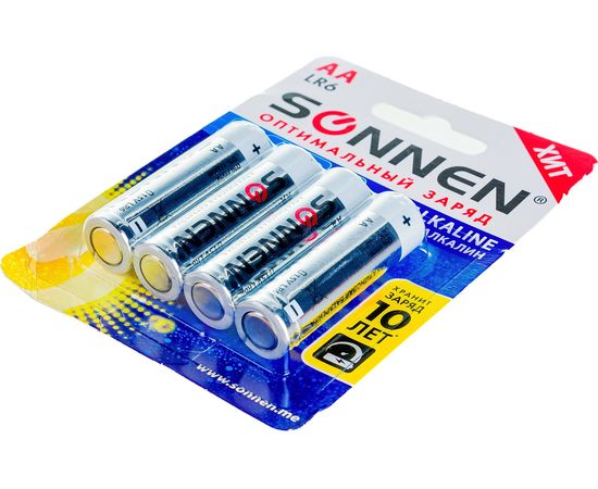 Батарейки SONNEN Alkaline, АА алкалиновые, 4 шт., в блистере, 451085 – изображение 2