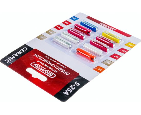 Предохранитель SKYWAY, керамический, цилиндрический, 10 шт., 5-25А, блистер S09303002 – изображение 3