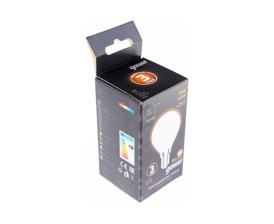Лампа Gauss Filament, шар, 9W, 590lm, 3000К, Е14, milky, LED, 1/10/50 105201109 – изображение 3