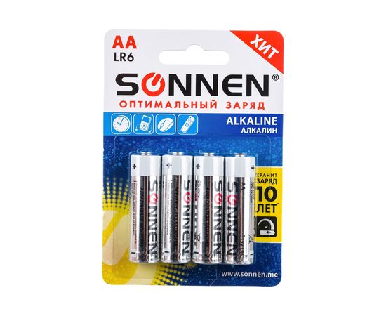 Батарейки SONNEN Alkaline, АА алкалиновые, 4 шт., в блистере, 451085 – изображение 4