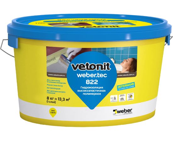 Готовая гидроизоляционная мастика Vetonit weber.tec 822 ведро, 8 кг, серая 1016084 