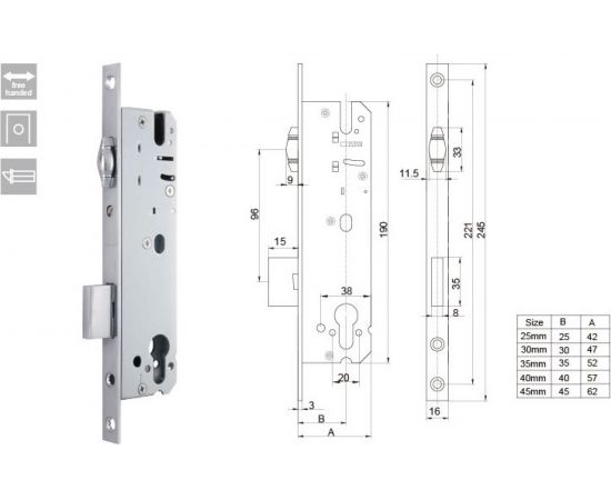 Врезной дверной замок DORF для ПВХ, м/о 92 мм, пл. 16 мм, д/м 35 мм, с роликовой защелкой 00-00004173 – изображение 2