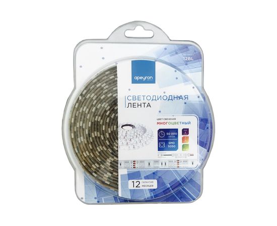 Светодиодная лента APEYRON в блистере, 12В, 14,4 Вт/м, smd 5050, 60 д/м, IP65, 5м, RGB 12BL 
