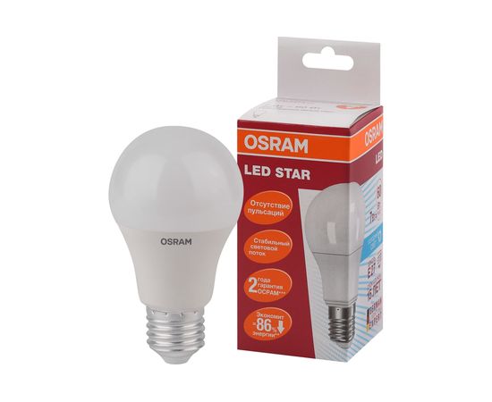Светодиодная лампа OSRAM LED STAR A Стандарт 7Вт E27 600 Лм 4000 К Нейтральный белый свет 4058075096417 – изображение 2