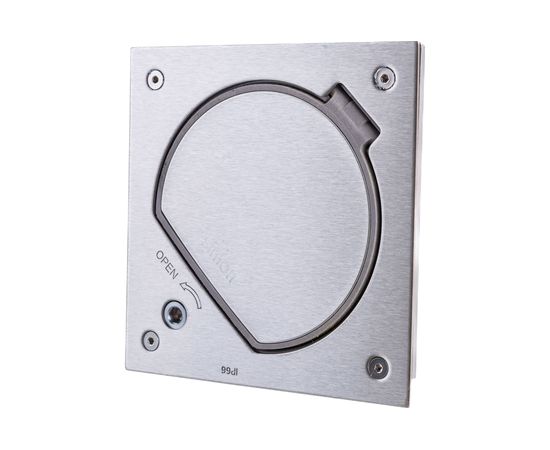 Влагостойкая основа с розеткой Simon, IP66 2PE Schuko К45 RJ45 5e UTP с замком, сталь KSE15USEC-23-72 – изображение 3