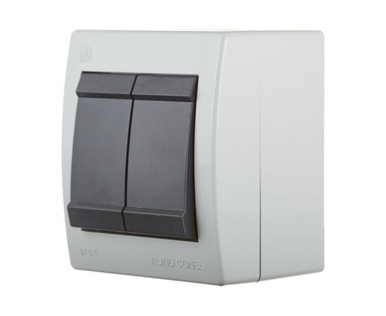 Двухклавишный выключатель Aling-conel POWER IP44 10AX 250В открытой установки, 252.1A серый 117025 