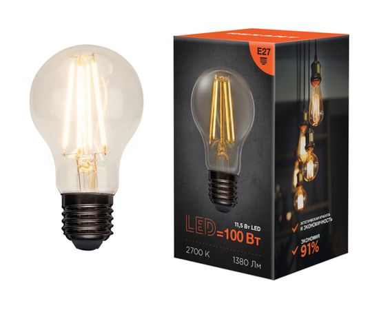 Филаментная лампа REXANT Груша A60 11.5 Вт 2700K E27 604-076 