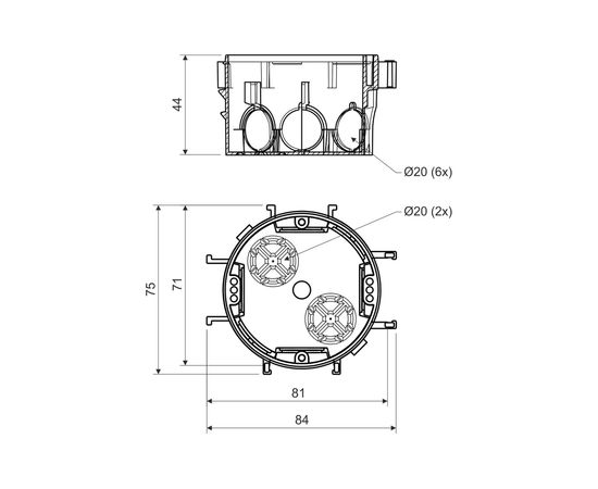 Установочная коробка KOPOS для твердых стен с межосевым расстоянием 71-81 мм, D70x45 мм KP 67/2_KA – изображение 2