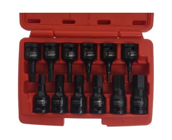 Набор головок ударных HEX 1/2"; H 4-19 мм, длина 60 мм, в кейсе 12 шт. JTC J412H – изображение 2