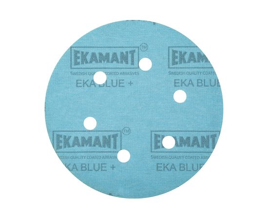 Круг шлифовальный на липучке по дереву и лакам EKA BLUE +V (150 мм; Р150; 6 отверстий) Ekamant 50108045 – изображение 2