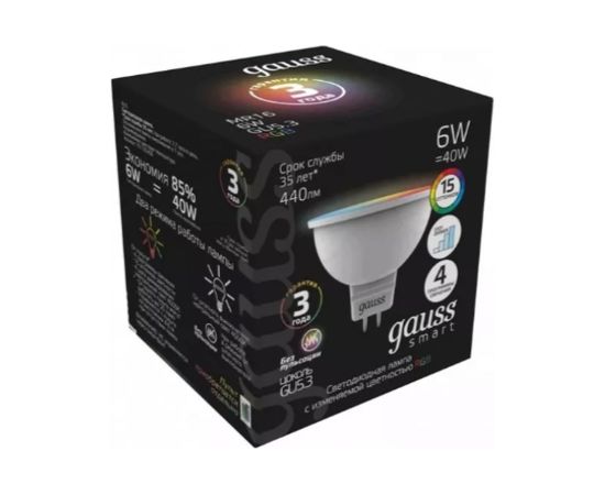 Лампа Gauss Smart MR16, 6W, GU5.3, RGBW+dim, 1/10/100 101105406 – изображение 2
