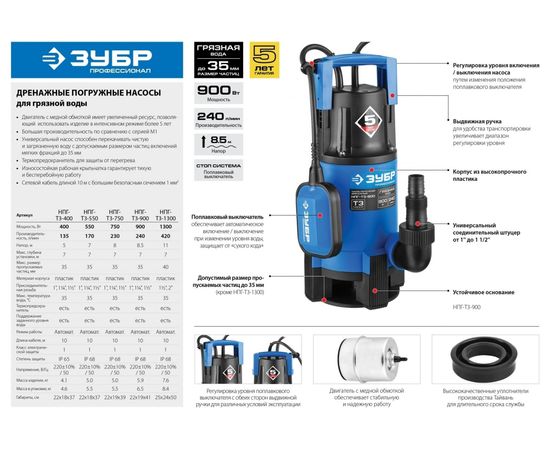 Дренажный насос ЗУБР Профессионал 900 Вт для грязной воды НПГ-Т3-900 – изображение 11