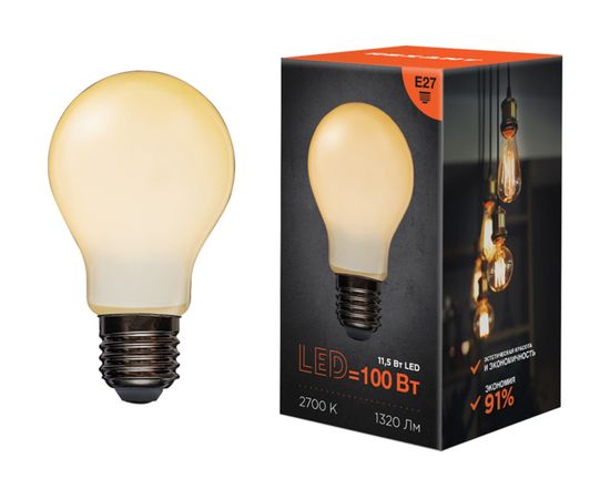 Филаментная лампа REXANT Груша A60 11.5 Вт 2700K E27 матовая колба 604-078 