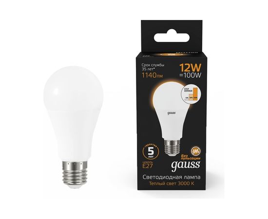 Лампа Gauss A60 12W 1140lm 3000K Е27 шаговое диммирование LED 1/10/50 102502112-S 