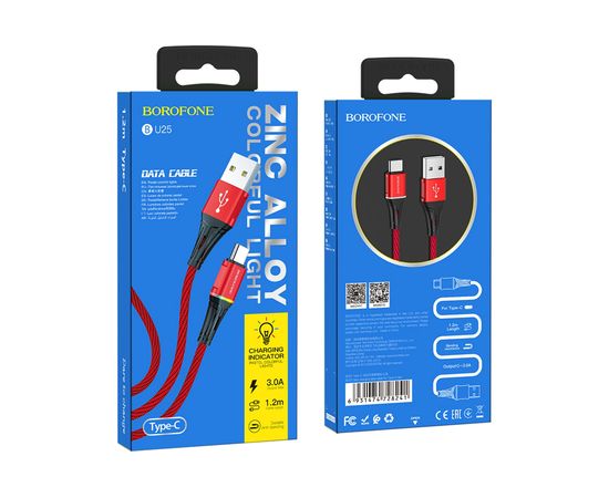USB-кабель BOROFONE, AM-Type-C 1.2 метра, 3A, нейлон, красный 23752-BU25tR – изображение 3