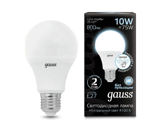 Лампа Gauss A60 10W 800lm 4100К E27 Сенсор LED 1/10/50 102502210-M 