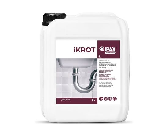 Профессиональное средство для удаления сложных засоров в трубах и устранения запахов IPAX iKrot 5 л, готовый раствор iK-5-2426 
