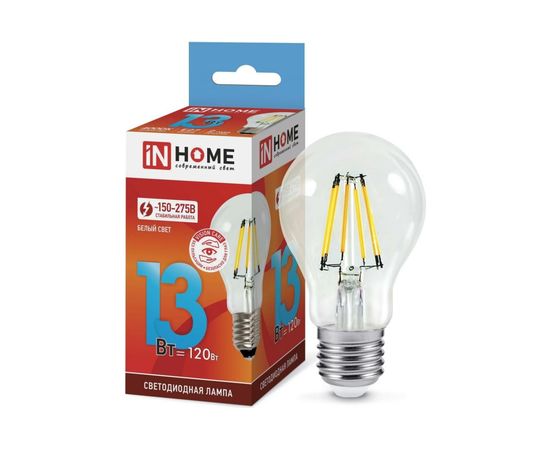 Светодиодная лампа IN HOME LED-A60-deco 13Вт 230В Е27 4000К 1170Лм прозрачная 4690612035604 