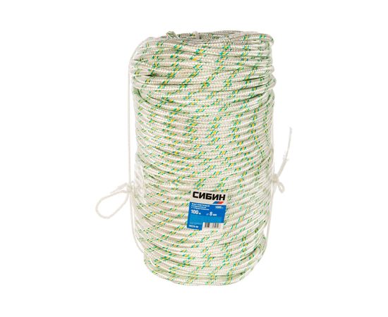 Плетёный капроновый 16-прядный фал с капроновым сердечником, диаметр 8мм, бухта 100м, 1000кгс СИБИН 50220-08 