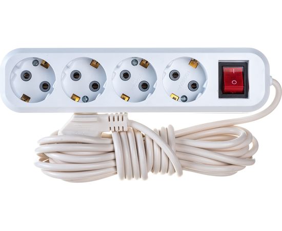 4-местный удлинитель STEKKER с заземлением с выключателем, 3x0,75мм2, 5м, 10А, У10А-003, белый HM03-41-05 39525 