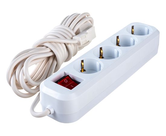 4-местный удлинитель STEKKER с заземлением с выключателем, 3x0,75мм2, 5м, 10А, У10А-003, белый HM03-41-05 39525 – изображение 2