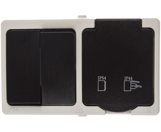 Блок STEKKER: розетка одноместная с заземляющим контактом открытой установки, двухклавишный выключатель 250В, 16А 32761 