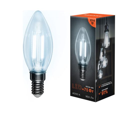 Филаментная лампа REXANT Свеча CN35 9.5 Вт 4000K E14 604-092 