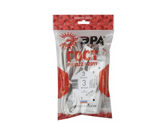 Удлинитель ЭРА U-3-3m Россия без зазeмления, 2х1мм2, 10А, ПВС, 3гн, 3м Б0028355 – изображение 2