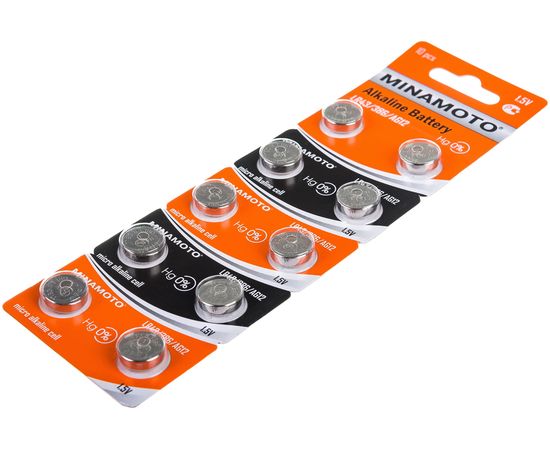 Часовая батарейка Minamoto AG12 LR43, 10 card 55012 – изображение 2