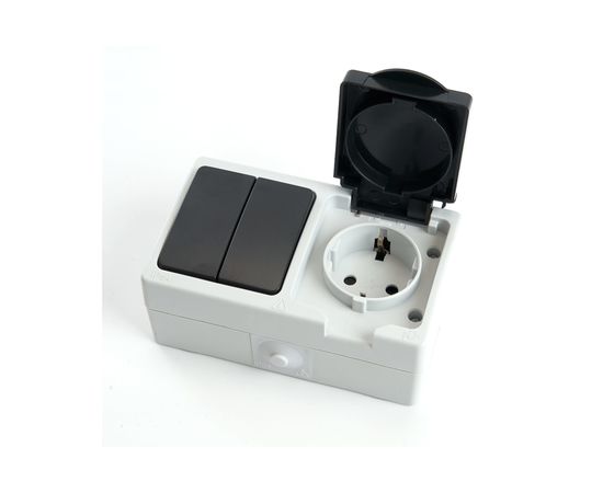 Блок STEKKER: розетка одноместная с заземляющим контактом открытой установки, двухклавишный выключатель 250В, 16А 32761 – изображение 2
