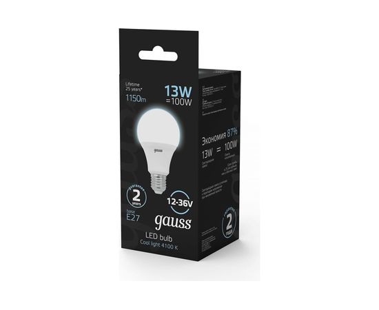 Лампа Gauss A60 AC12-36V 13W 1150lm 4100K E27 LED 1/10/100 202502213 – изображение 2
