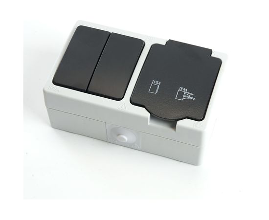 Блок STEKKER: розетка одноместная с заземляющим контактом открытой установки, двухклавишный выключатель 250В, 16А 32761 – изображение 3