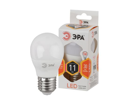 Светодиодная лампа ЭРА LED P45-11W-827-E27, шар, теплый Б0032987 – изображение 3