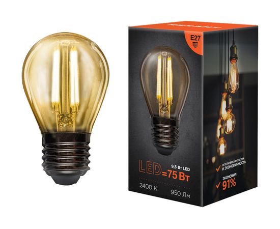 Филаментная лампа REXANT Шарик GL45 9.5 Вт 2400K E27 золотистая колба 604-138 – изображение 4